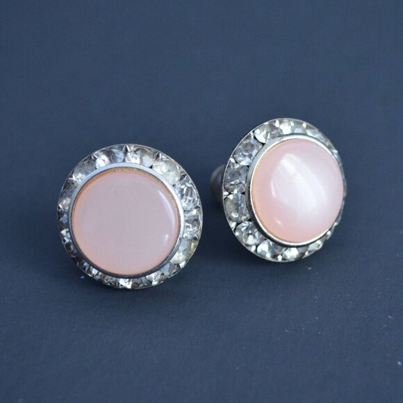 Vintage Pink Acrylic CZ Gemstone Circle Round Screw Back Earrings - Picture 1 of 5